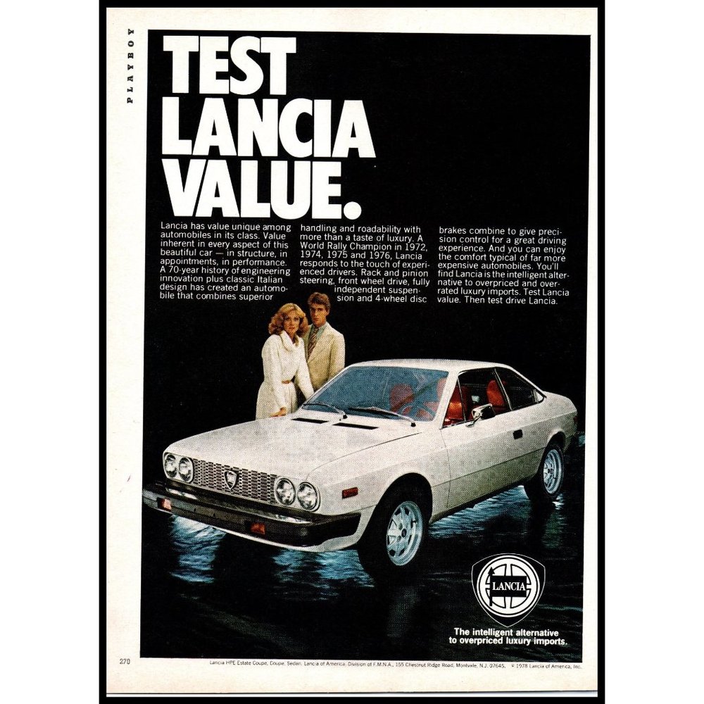 1978 Lancia HPE 2 Door Coupe Vintage Print Ad Couple Formal 70s Hair Wall Art